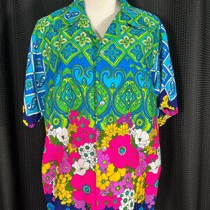 Vintage 60s Bark Cloth Day Glo Psychedelic Floral Dagger Collar Shirt Hawaiian